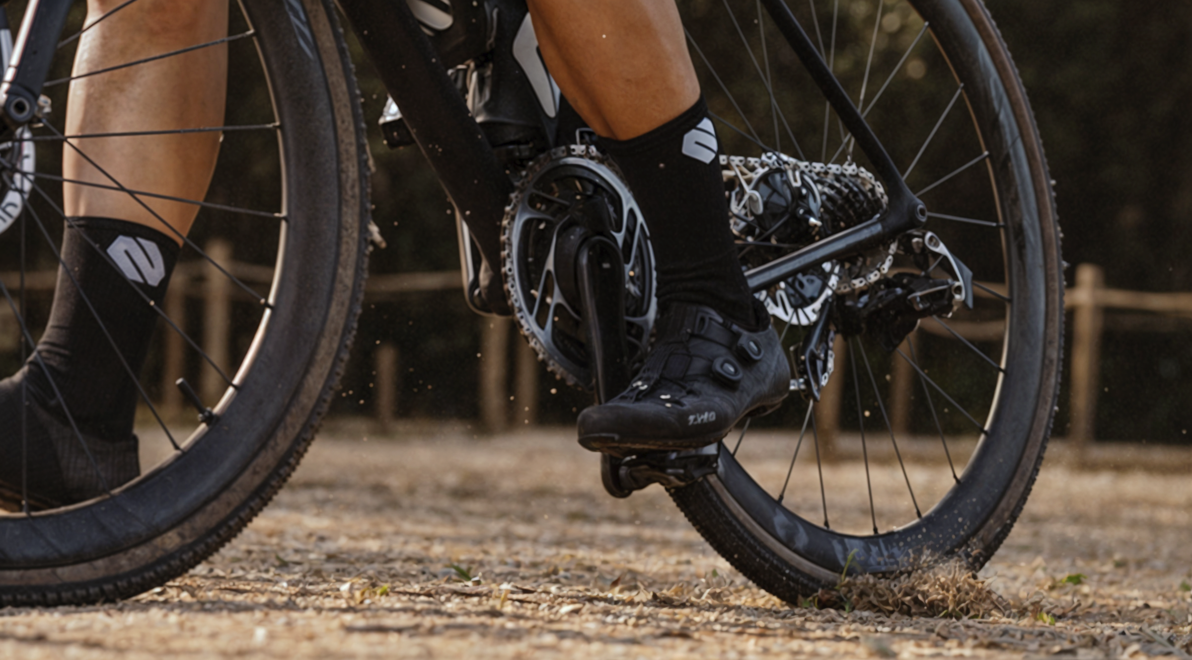 Primer plano de un ciclista pedaleando sobre terreno suelto, mostrando los cambios de bicicleta en acción. La imagen captura el momento en que la rueda trasera, equipada con un sistema de cambios optimizado, levanta polvo al avanzar. El ciclista usa zapatillas específicas para ciclismo y calcetas con el logo de Speedsix México, una referencia en el mundo del ciclismo de alto rendimiento.