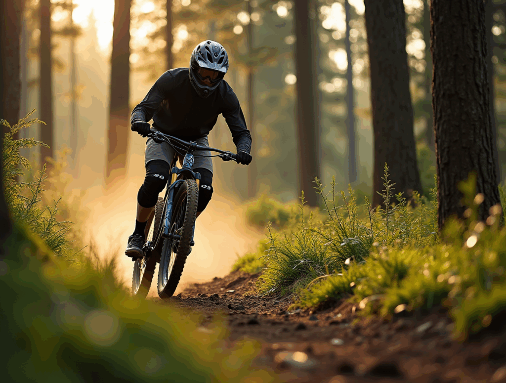 Ciclista practicando descenso en bicicleta downhill en Speedsix México, maniobrando por un sendero de tierra en un bosque iluminado por la luz del sol.