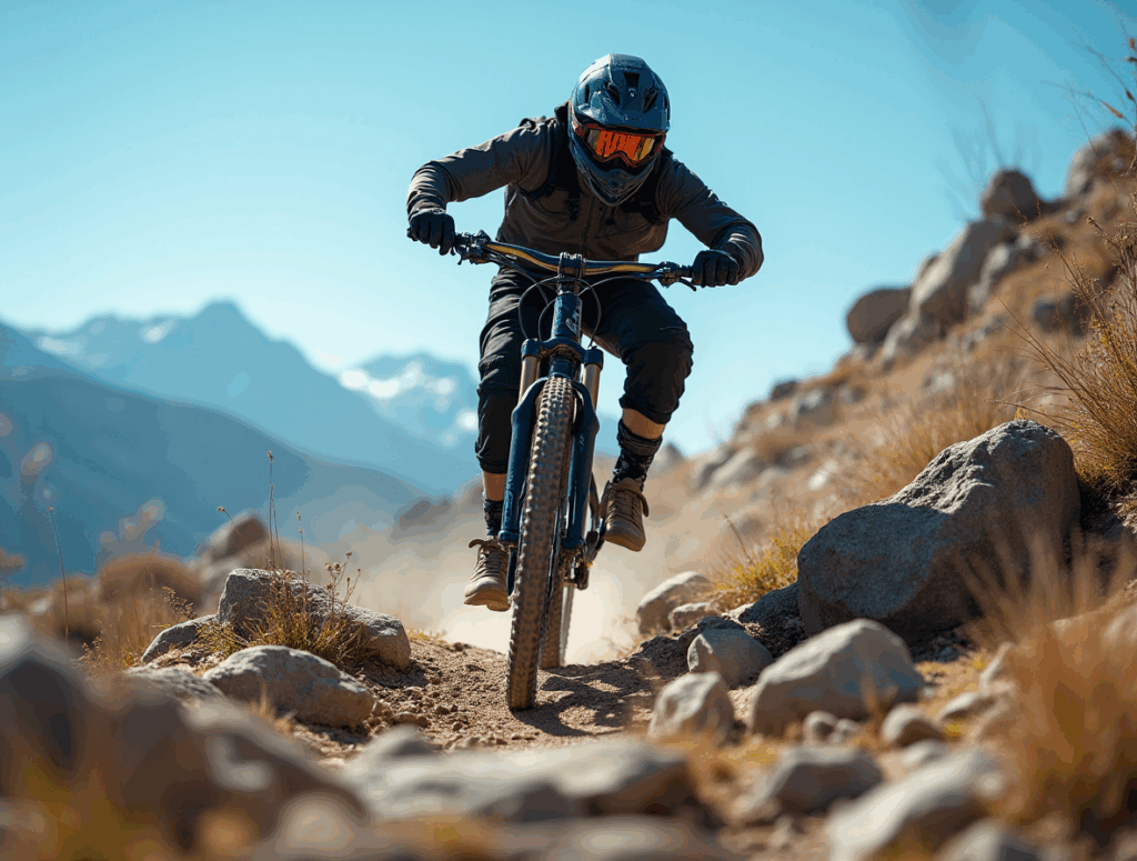 Ciclista avanzando sobre rocas con una bicicleta downhill en Speedsix México, en un entorno de montaña bajo un cielo despejado.