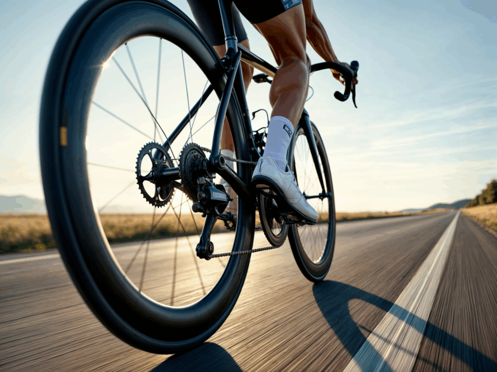 Ciclista en carretera utilizando una bicicleta con rines de disco traseros y sistema de transmisión de alto rendimiento. La imagen muestra de cerca el movimiento del pedal y el disco trasero de carbono, optimizando la aerodinámica para una mayor velocidad en terreno plano. Descubre más sobre los rines de disco en Speedsix México.