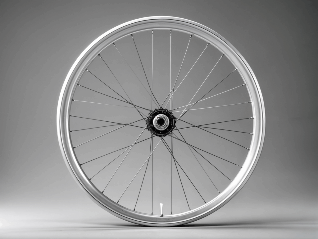 Vista frontal de un aro de bicicleta de aluminio con radios metálicos, diseñado para ofrecer durabilidad y ligereza.
